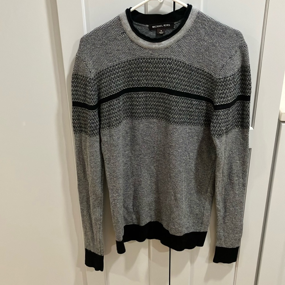 Michael Kors Men's Gray Black Crew Neck Long Sleeve Woven Sweater Shirt Top